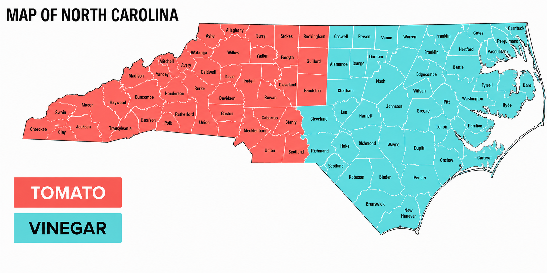 BBQ sauce preference map by North Carolina counties